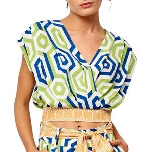 Ciebon Rayon Crop Top green blue orange white geometric pattern L NWT
